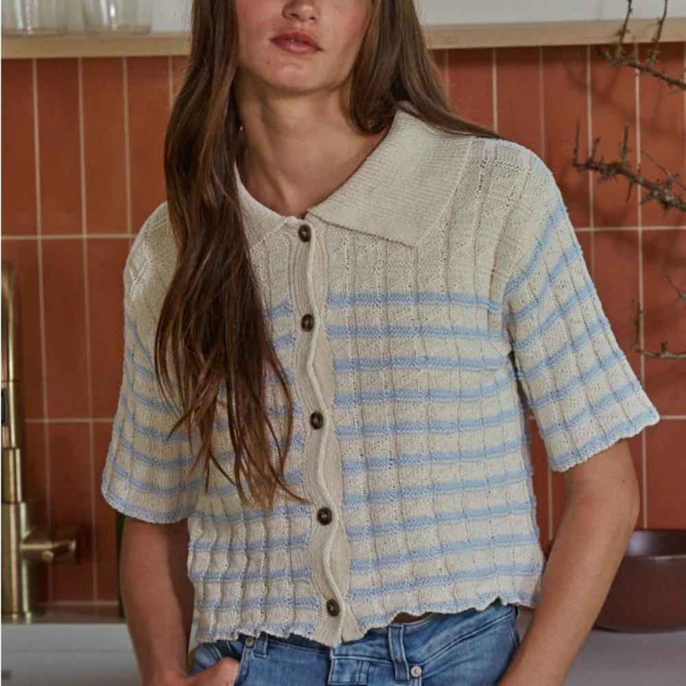 Urban Outfitters Beige and Light Blue Knit Polo